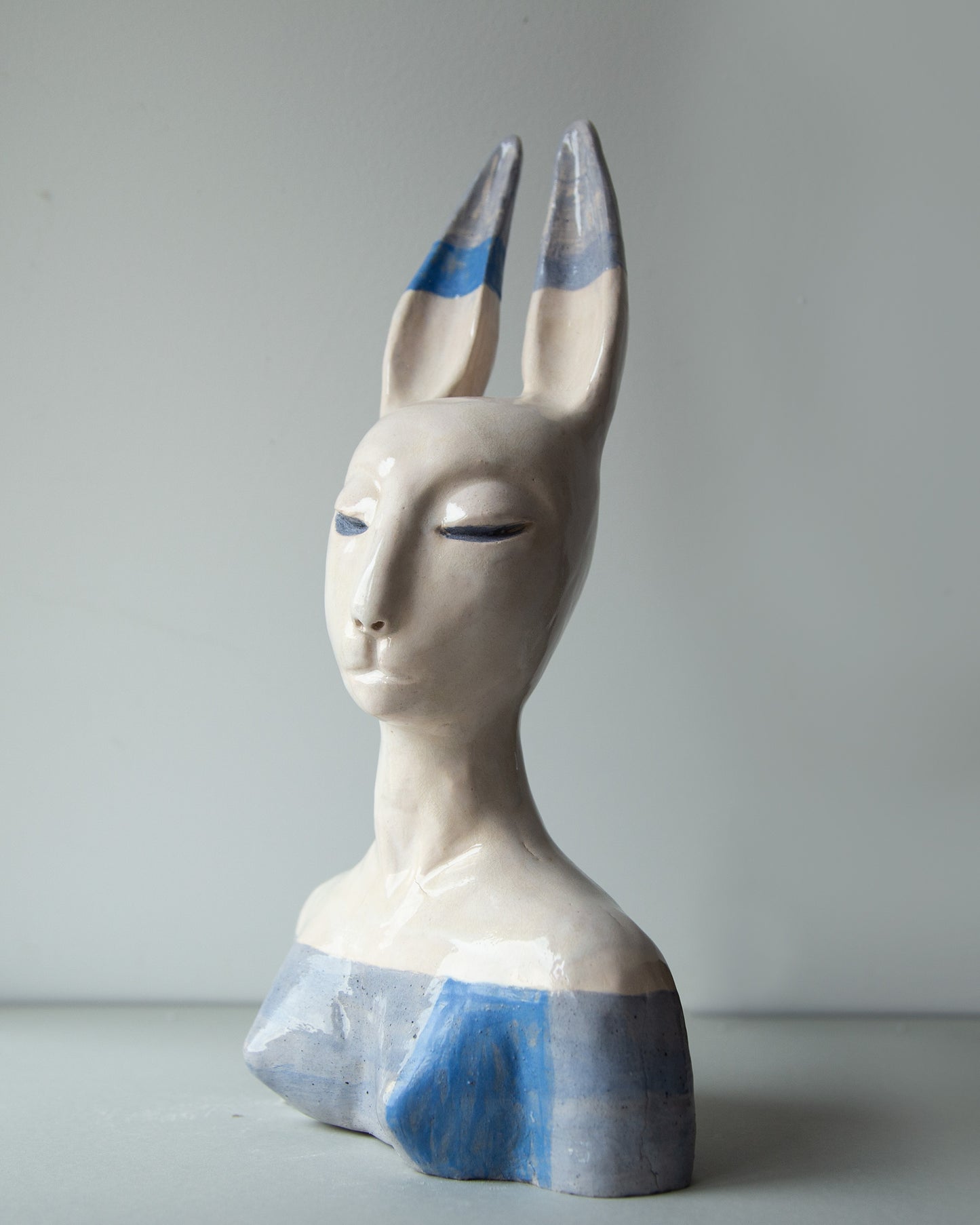 Hare woman bust statue with aristocratic face, whimsical ceramic sculptural original art decor, woman bust interior statue