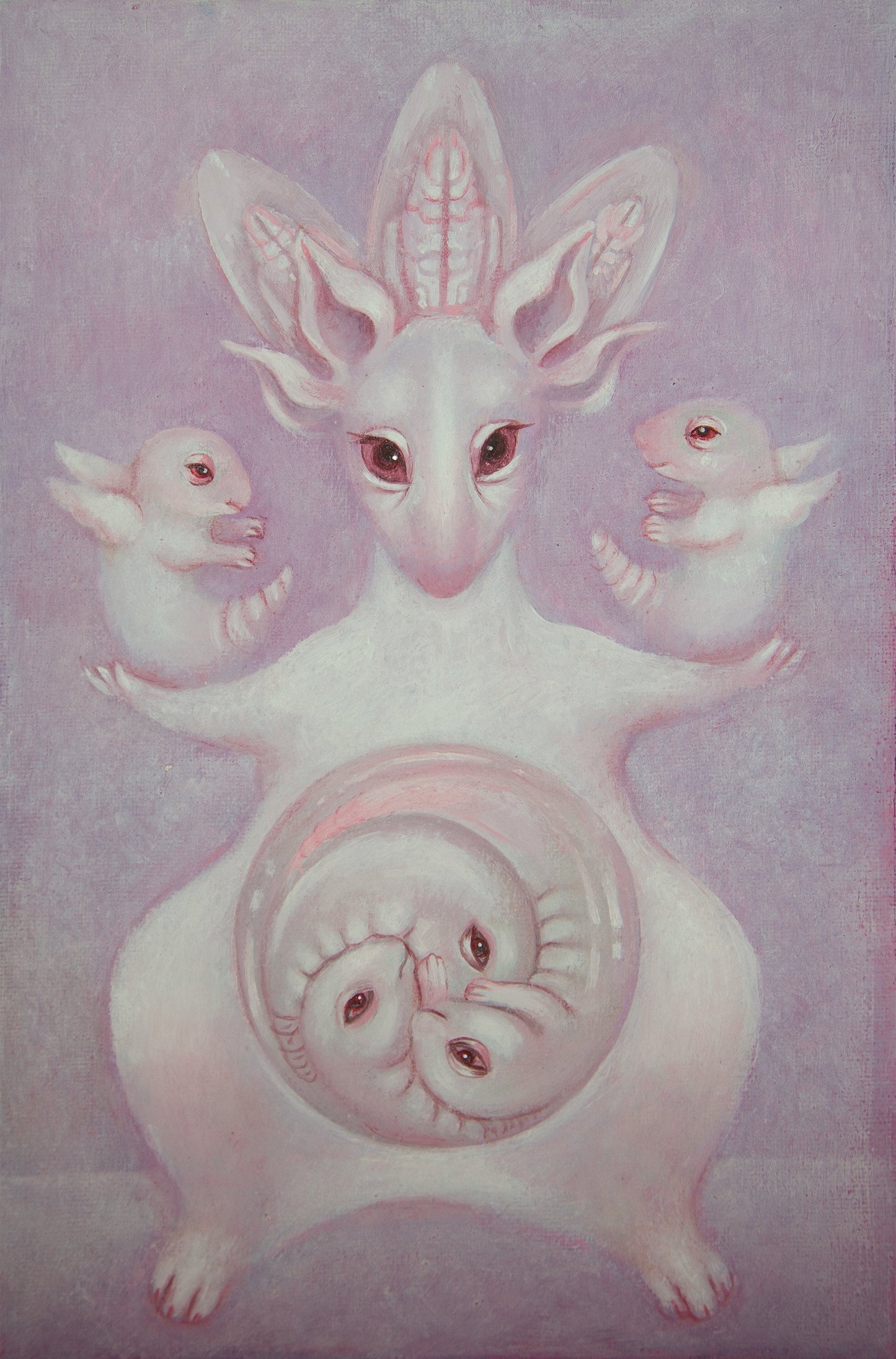 Mixed media painting from famous Ukranian artist with fantasy creatures from CocoonToy world adorable artwork with group of aliens