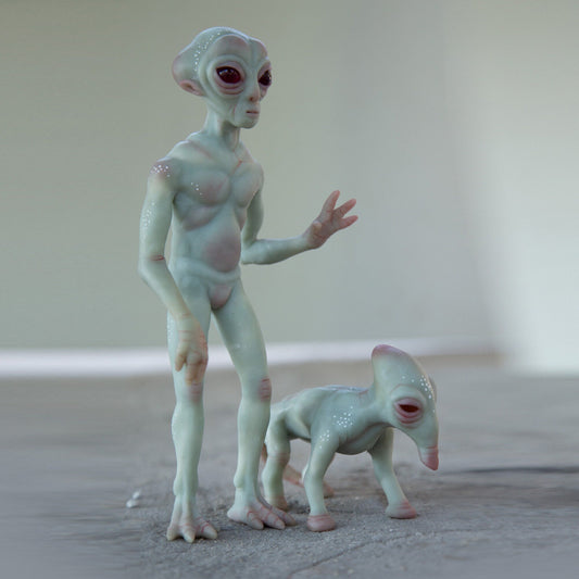 Roswell New Mexico cryptid alien with his pet, weird art doll cryptid gift, area 51 miniature sculpture, ufo sculpture