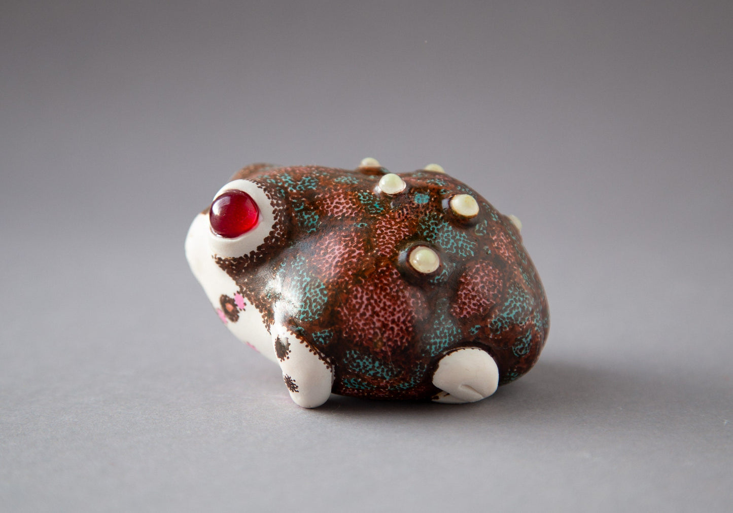 OOAK weird sculpture of frog with european folk art ornament and luminescent glow in the dark pimples