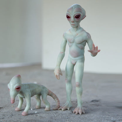 Roswell New Mexico cryptid alien with his pet,art doll cryptid gift, area 51 miniature sculpture