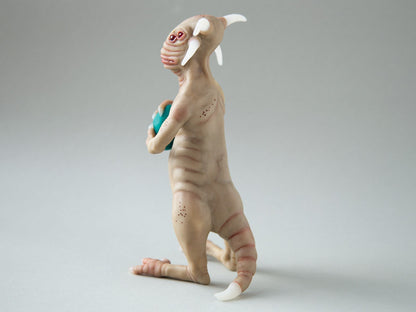 Horror creepy demon doll sculpture, devil statue with tail, weird horror figurine sculpture with 4 horns