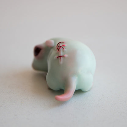 Turquoise weird sculpture of cute sad face minnie mouse, miniature mice, strange ooak creepy figurine
