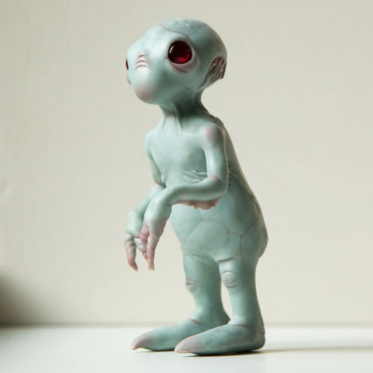 Grey alien baby doll sculpture, cute small extraterrestrial lifeform. OOAK art doll created and made in our team.