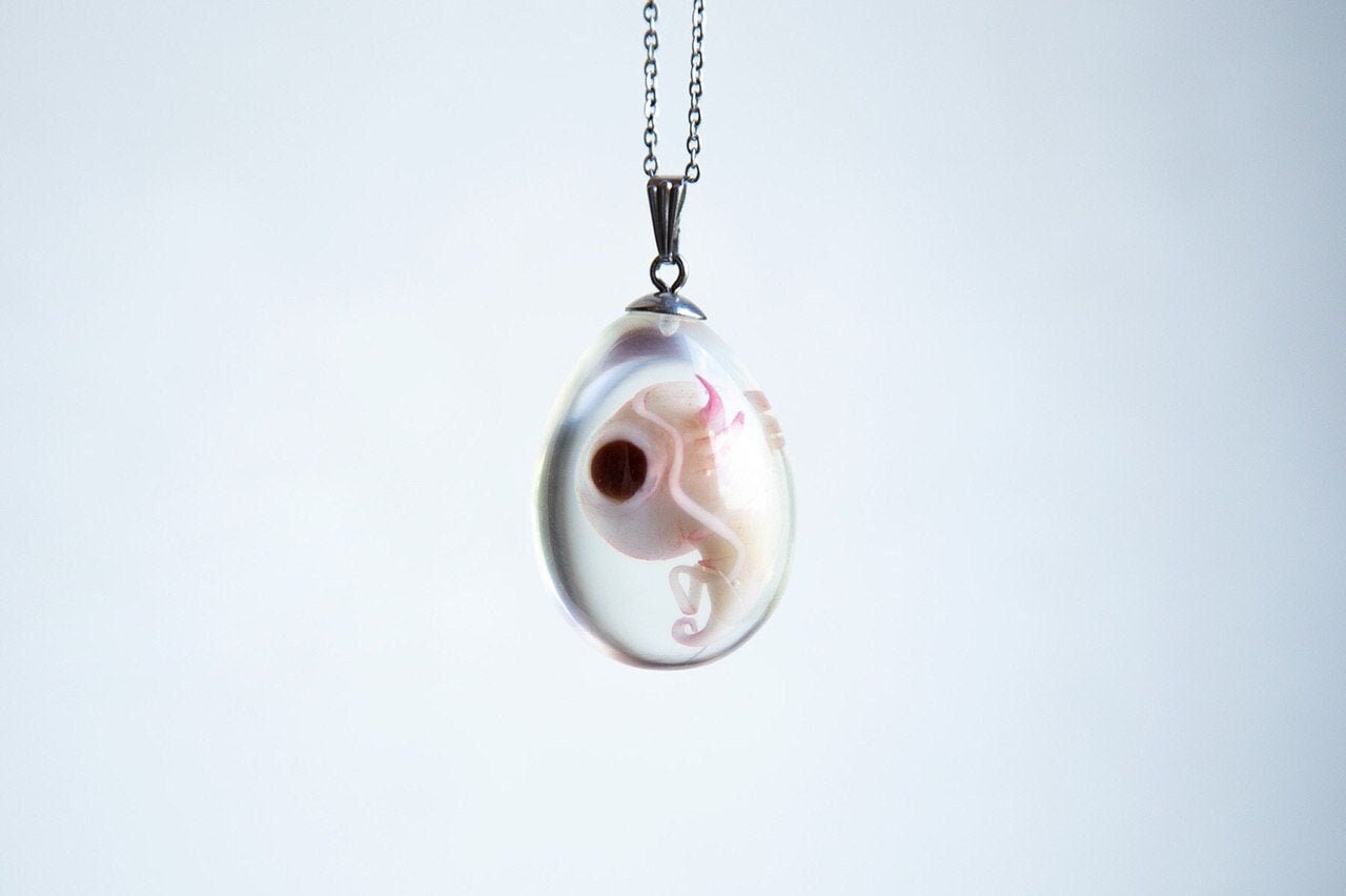 Axolotl fetus embryo jewelry by CocoonToy. Polymer clay and resin pendant. Weird figurine necklace. Creepy art baby hideous monster pendant