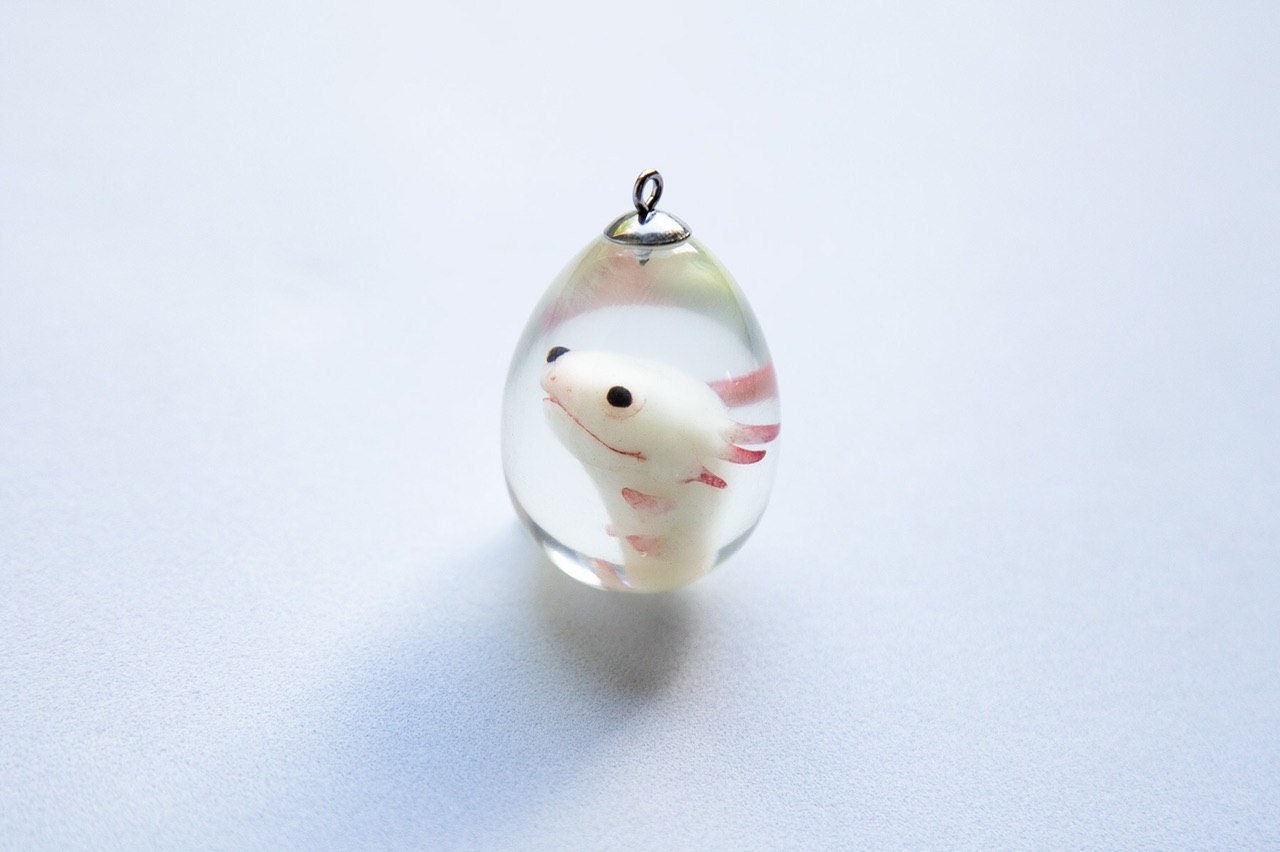 OOAK weird Axolotl in creepy cute handmade pendant. Fantasy cryptid necklace figurines jewelry for axolotl lovers!