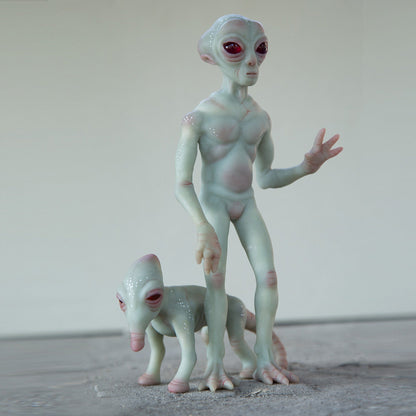 Roswell New Mexico cryptid alien with his pet,art doll cryptid gift, area 51 miniature sculpture