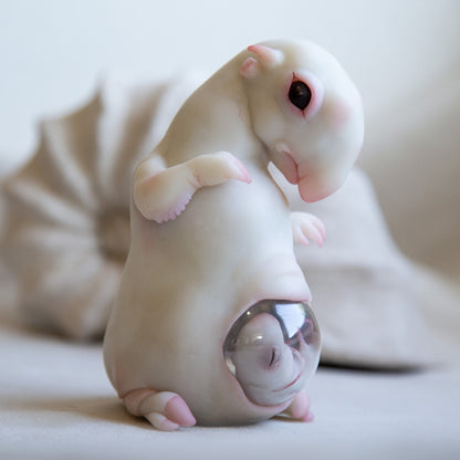 Incredible creature, alien Tapir, pregnant mother with embryo in womb. White translucent sculpture with transparent element in the form of hemisphere on the stomach, with embryo in it