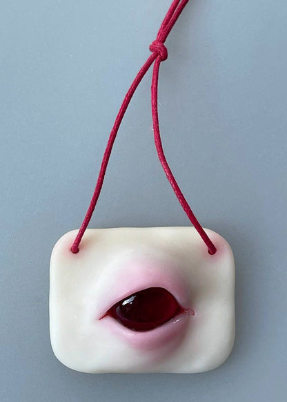 Red albino evil eye hanging wall decor, weird affordable art gift from ukranian artist