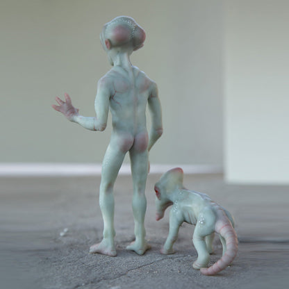 Roswell New Mexico cryptid alien with his pet,art doll cryptid gift, area 51 miniature sculpture