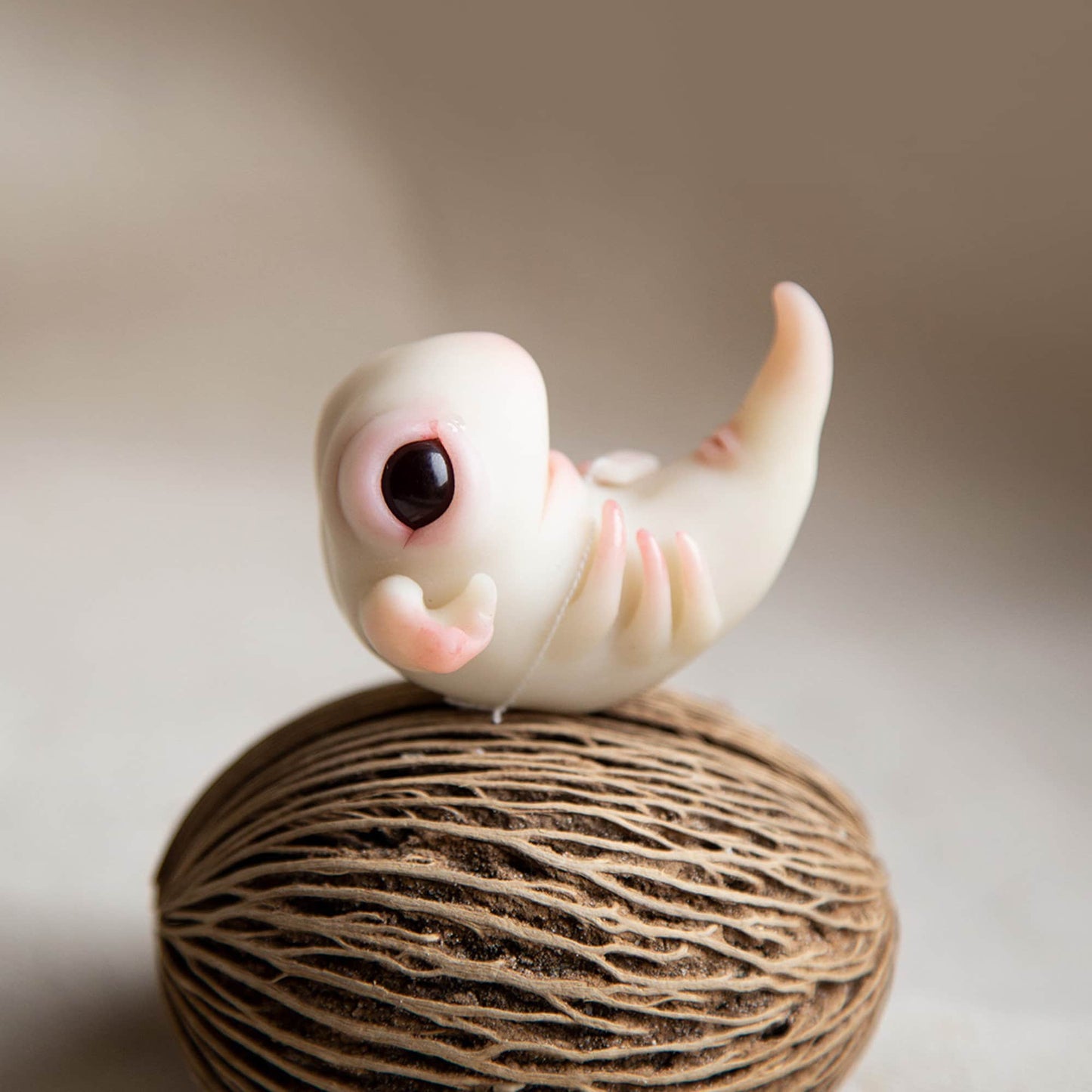 Creepy cute alien embryo monster doll figurine, polymer clay sculpture with rune protection