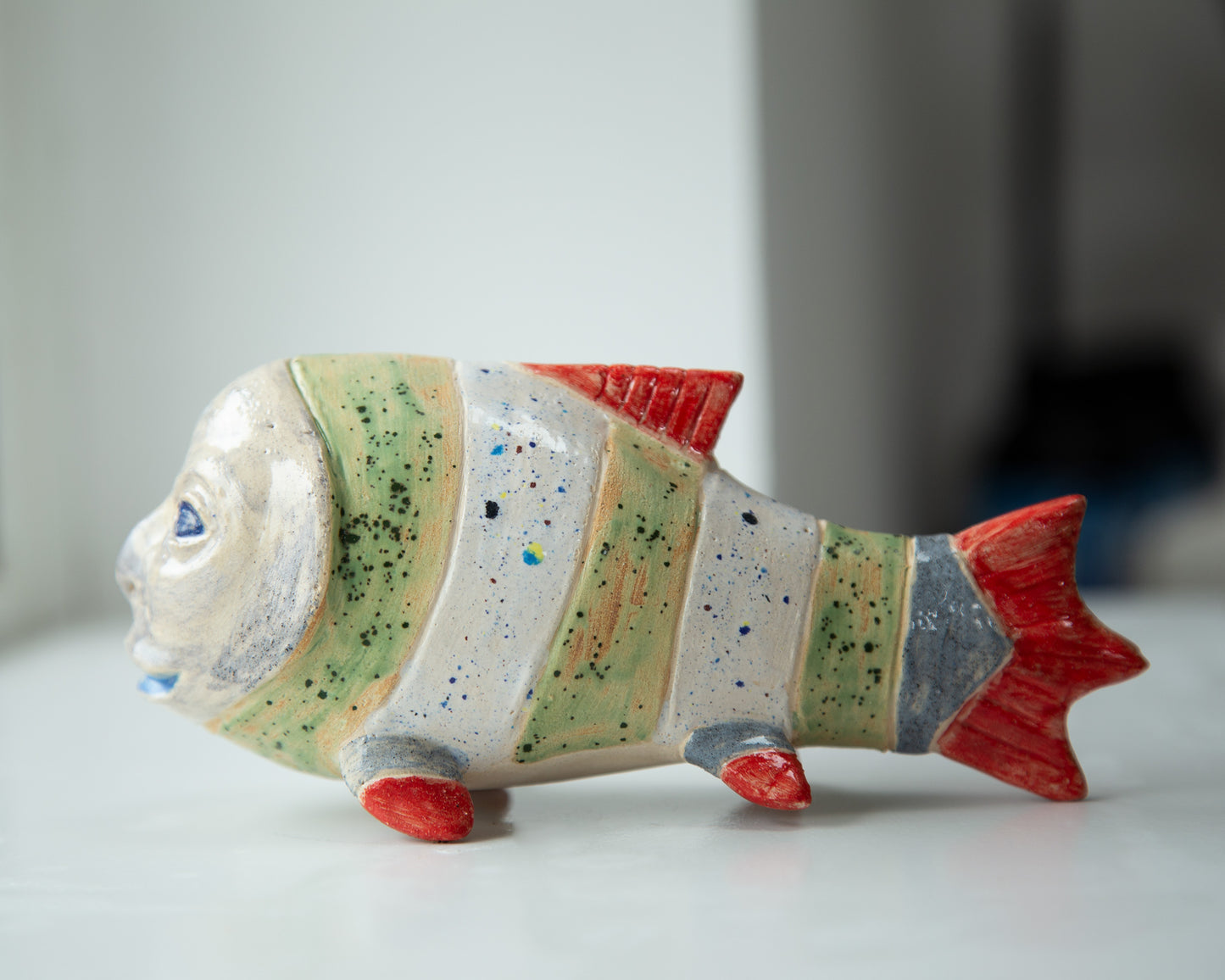 Ukrainian Pop Art Ceramic Fish Sculpture: Unique Handmade Clay Figurine for Home Decor