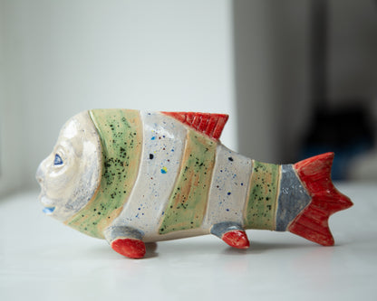 Ukrainian Pop Art Ceramic Fish Sculpture: Unique Handmade Clay Figurine for Home Decor