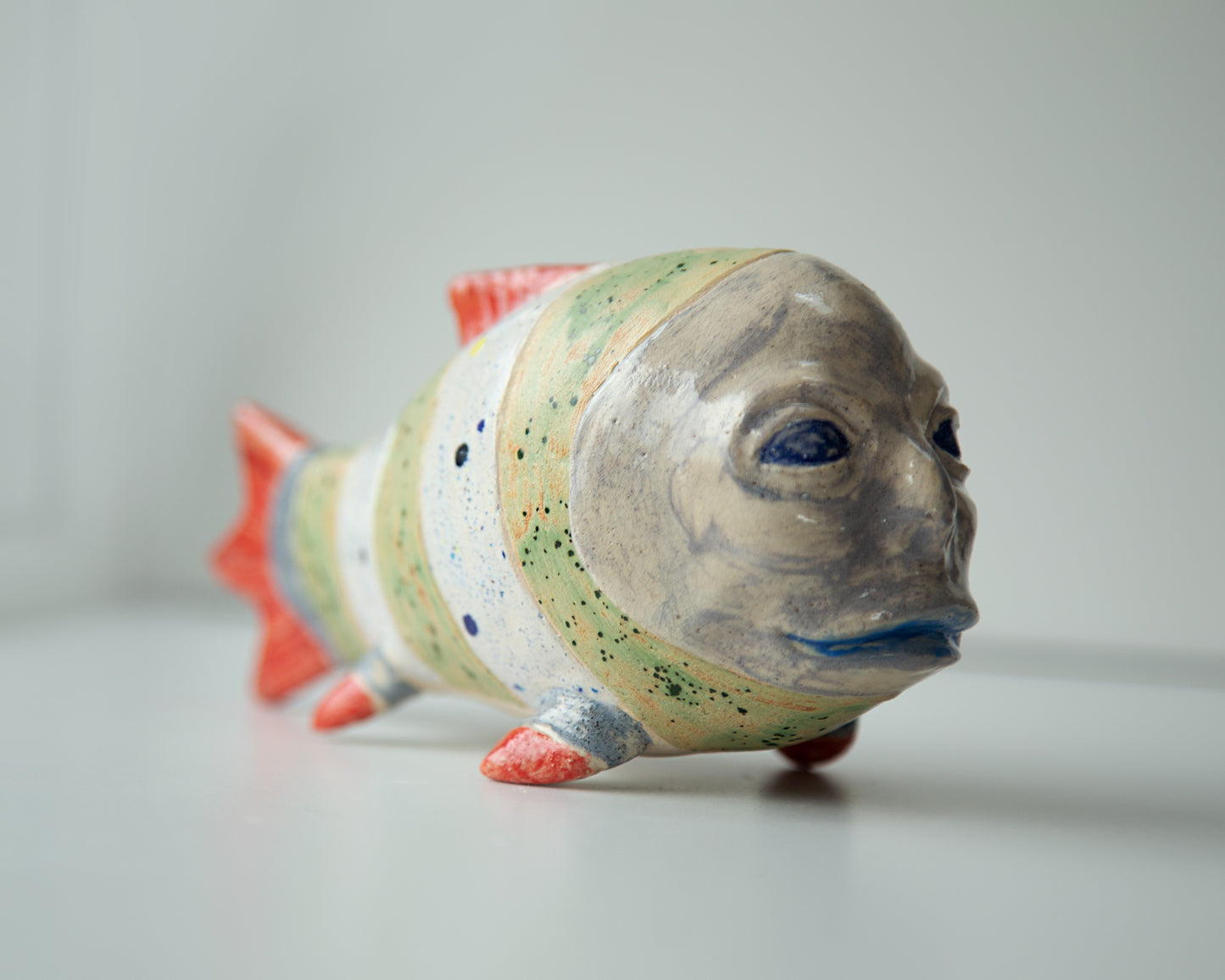 Ukrainian Pop Art Ceramic Fish Sculpture: Unique Handmade Clay Figurine for Home Decor