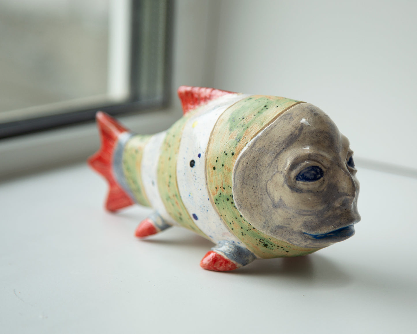 Ukrainian Pop Art Ceramic Fish Sculpture: Unique Handmade Clay Figurine for Home Decor