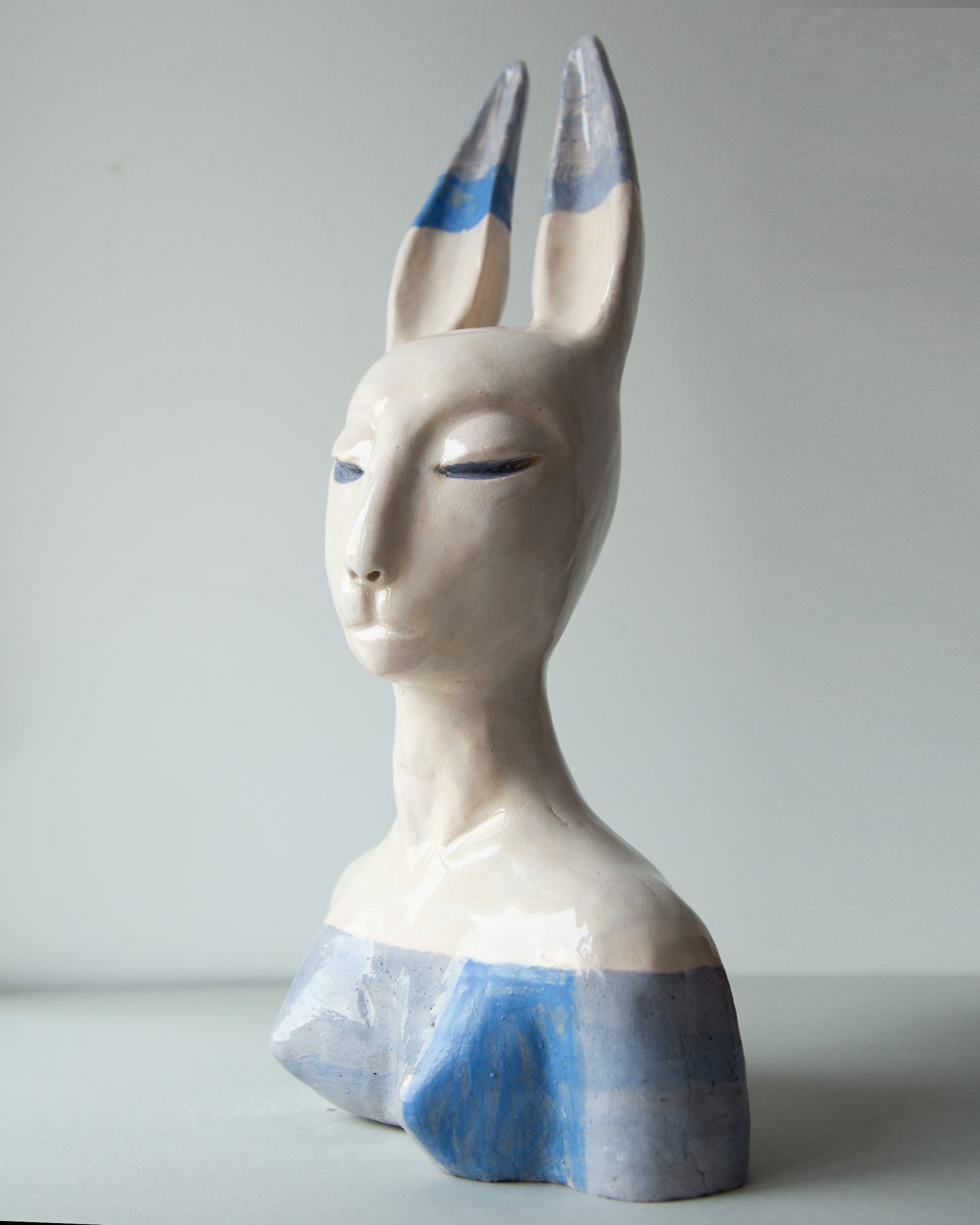 Hare woman bust statue with aristocratic face, whimsical ceramic sculptural original art decor, woman bust interior statue