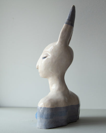 Hare woman bust statue with aristocratic face, whimsical ceramic sculptural original art decor, woman bust interior statue