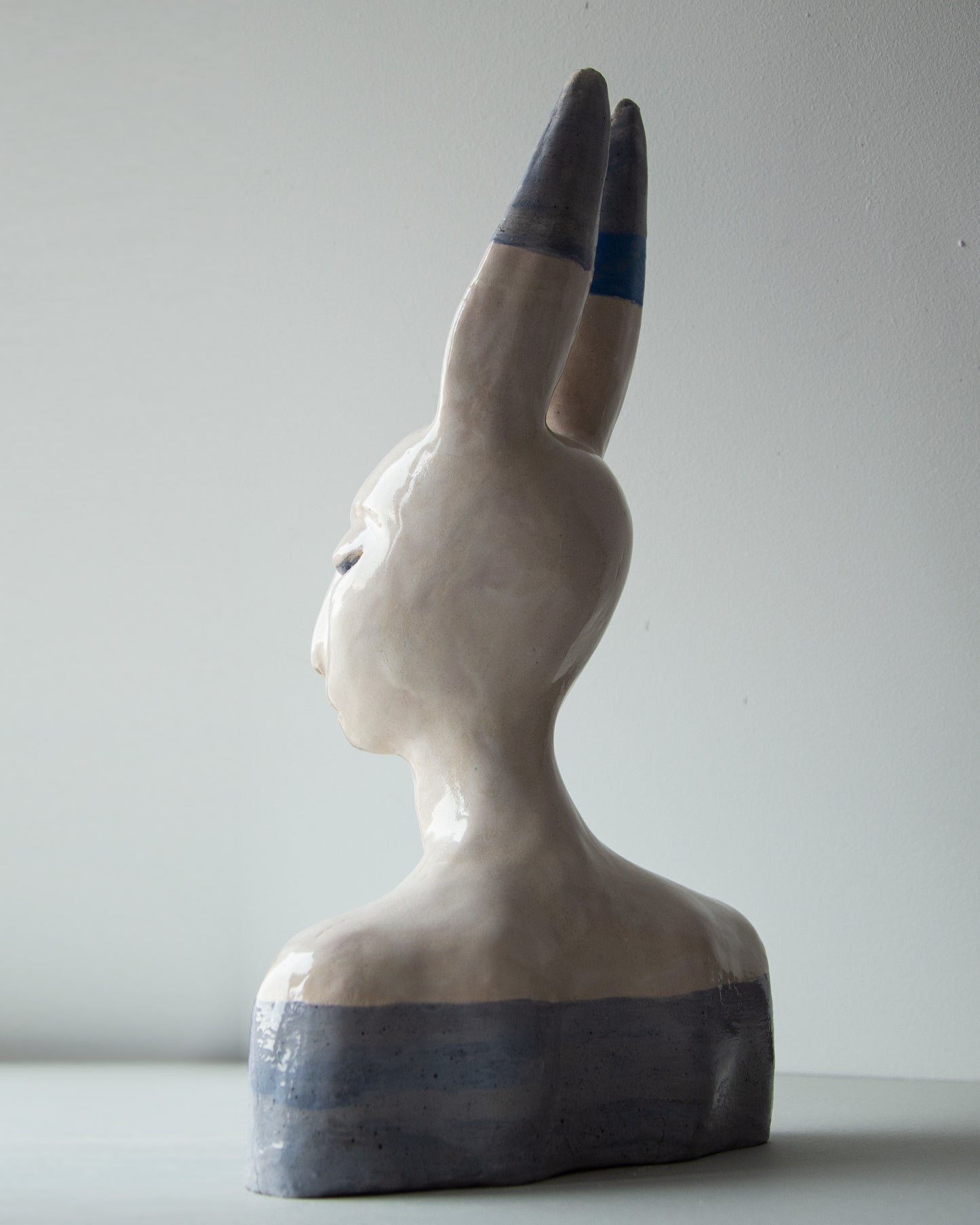 Hare woman bust statue with aristocratic face, whimsical ceramic sculptural original art decor, woman bust interior statue