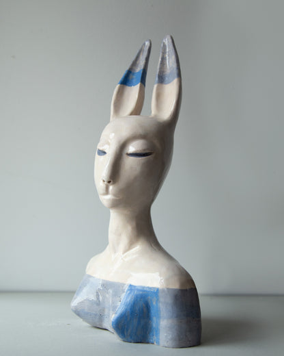 Hare woman bust statue with aristocratic face, whimsical ceramic sculptural original art decor, woman bust interior statue