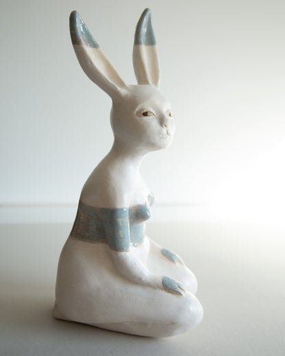 Ceramic statue of hare bodypositive girl, whimsical guitar body rabbit character, weird bunny sculpture decor