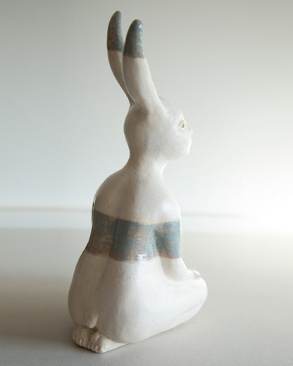 Ceramic statue of hare bodypositive girl, whimsical guitar body rabbit character, weird bunny sculpture decor
