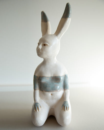 Ceramic statue of hare bodypositive girl, whimsical guitar body rabbit character, weird bunny sculpture decor
