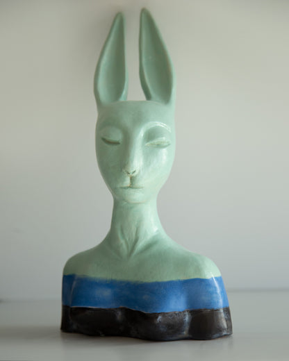 Hare woman bust statue with proud face, whimsical ceramic sculptural original art decor, mint-blue-black color