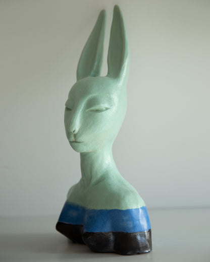 Hare woman bust statue with proud face, whimsical ceramic sculptural original art decor, mint-blue-black color