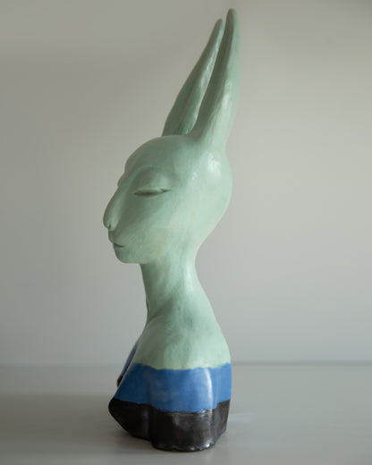 Hare woman bust statue with proud face, whimsical ceramic sculptural original art decor, mint-blue-black color