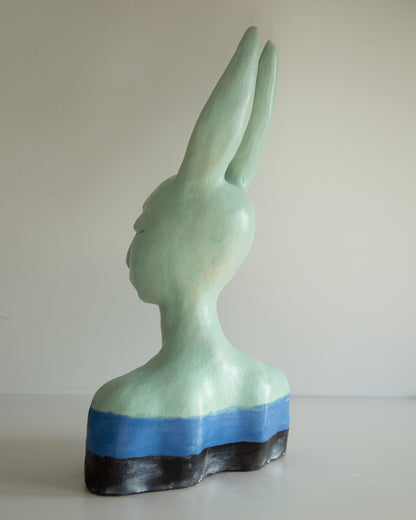Hare woman bust statue with proud face, whimsical ceramic sculptural original art decor, mint-blue-black color