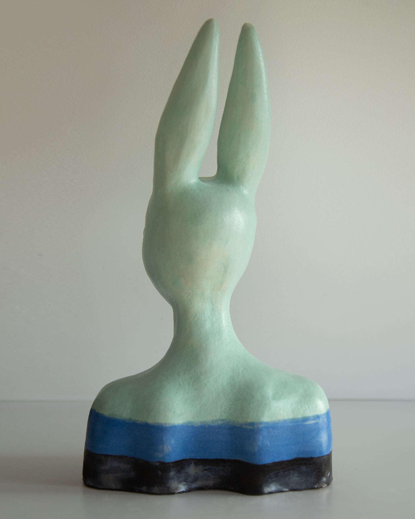Hare woman bust statue with proud face, whimsical ceramic sculptural original art decor, mint-blue-black color