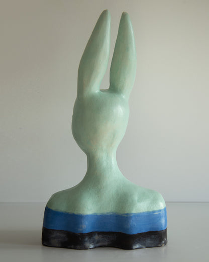 Hare woman bust statue with proud face, whimsical ceramic sculptural original art decor, mint-blue-black color