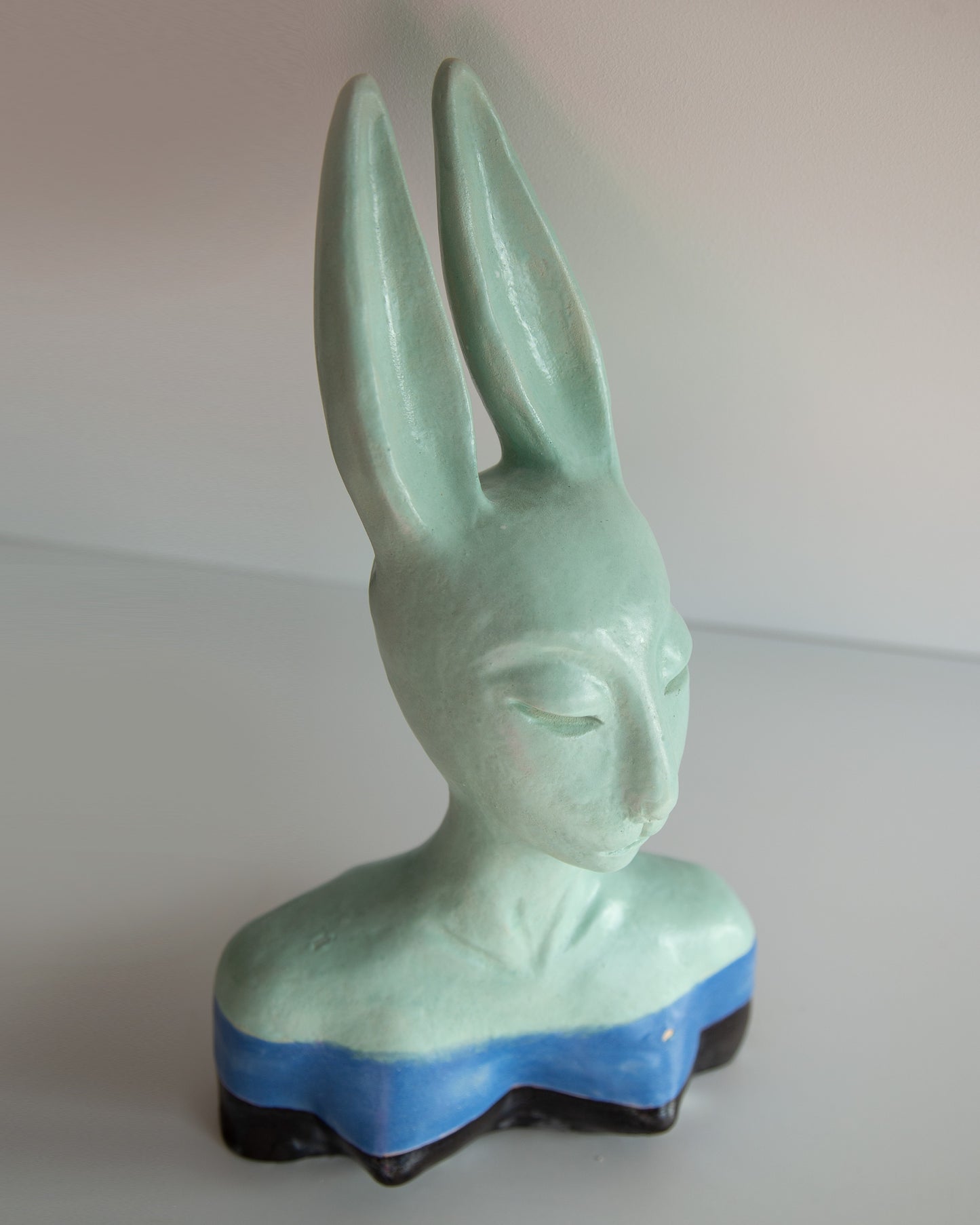 Hare woman bust statue with proud face, whimsical ceramic sculptural original art decor, mint-blue-black color