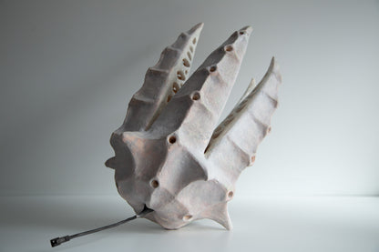 An organic-shaped ceramic sculptural lamp resembling a stylized seashell or leaf, in a matte off-white glaze with a small dark wire or stem extending from the base, photographed on a neutral light gray background.