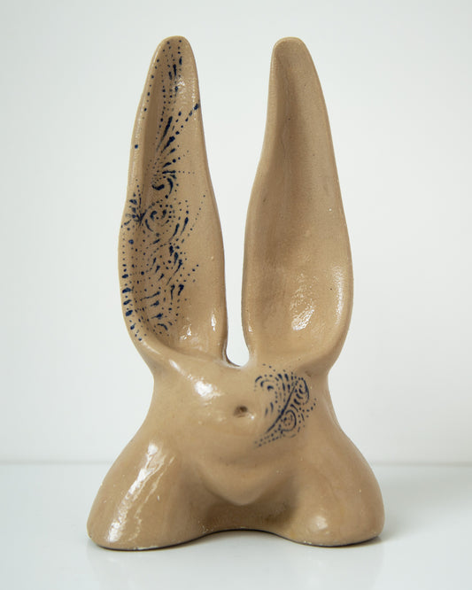 Nude booty with bunny ears, ceramic glazed handmade sculpture with handpainted ornament
