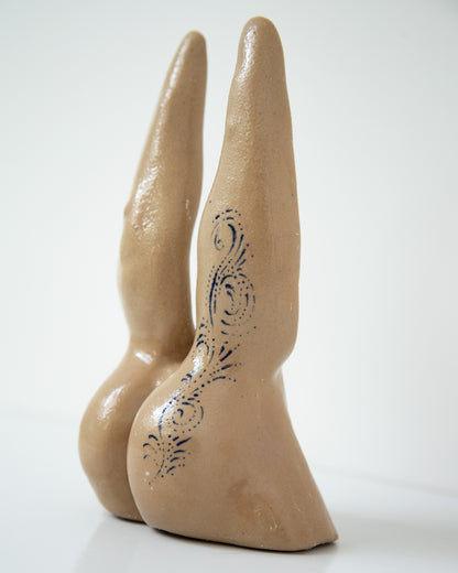 Nude booty with bunny ears, ceramic glazed handmade sculpture with handpainted ornament