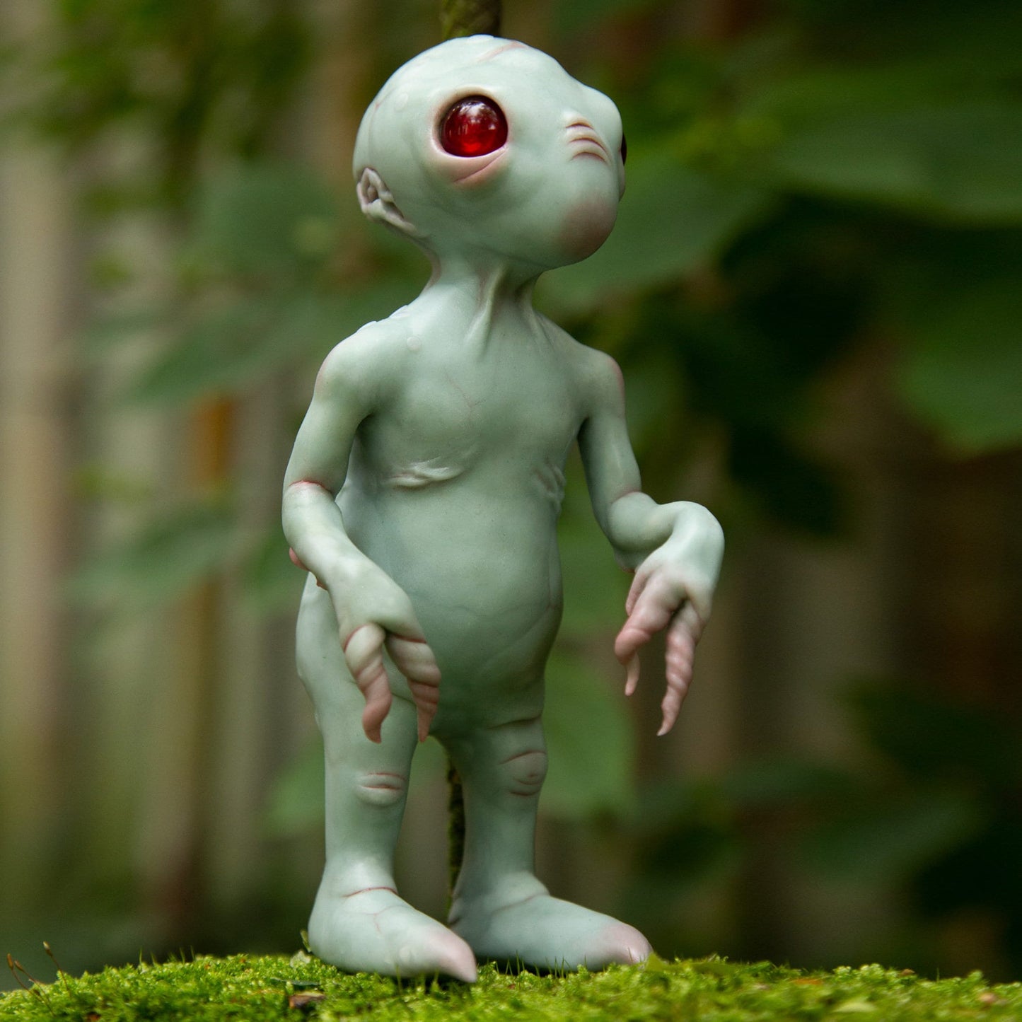 Grey alien baby doll sculpture, cute small extraterrestrial lifeform. OOAK art doll created and made in our team.