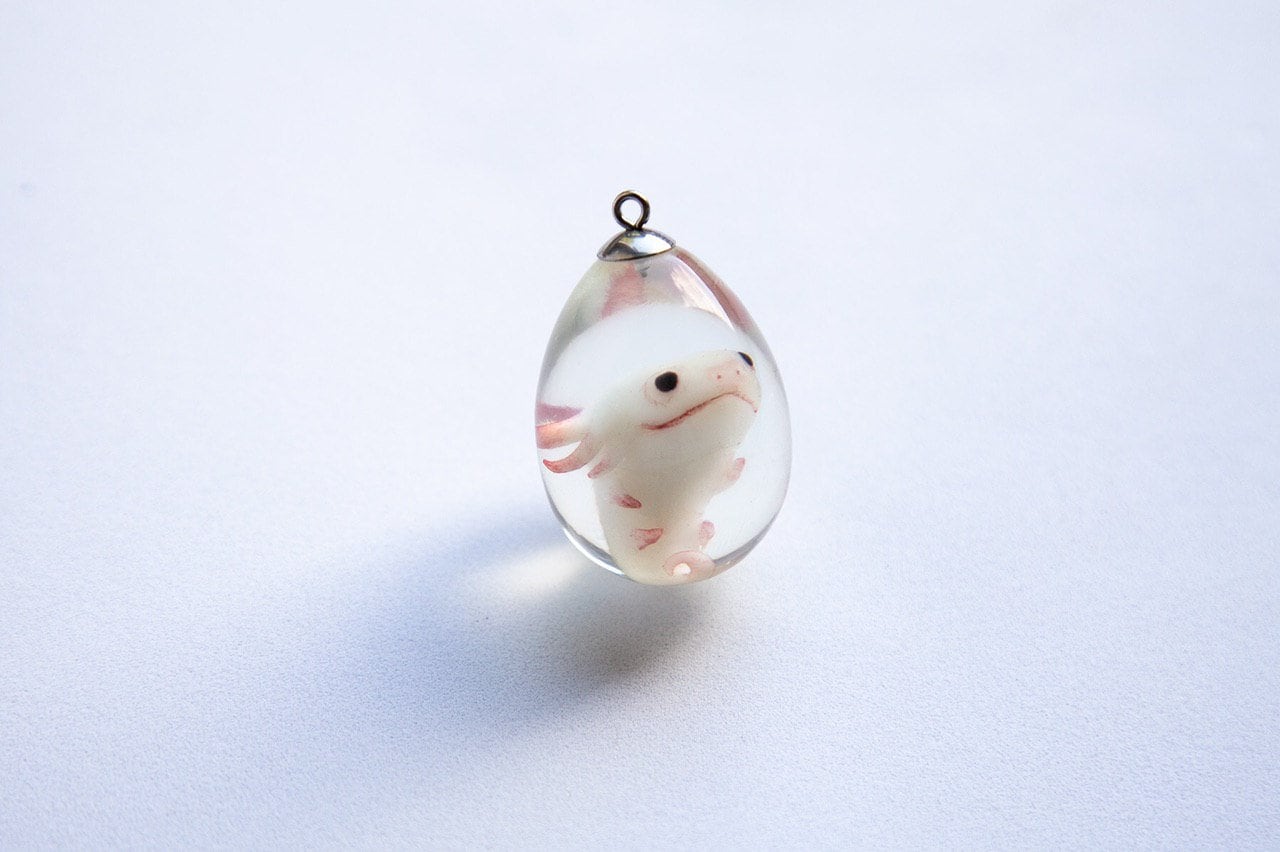 OOAK weird Axolotl in creepy cute handmade pendant. Fantasy cryptid necklace figurines jewelry for axolotl lovers!