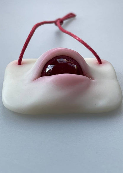 Red albino evil eye hanging wall decor, weird affordable art gift from ukranian artist