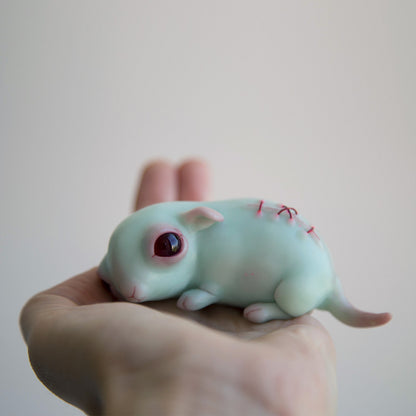 Turquoise weird sculpture of cute sad face minnie mouse, miniature mice, strange ooak creepy figurine