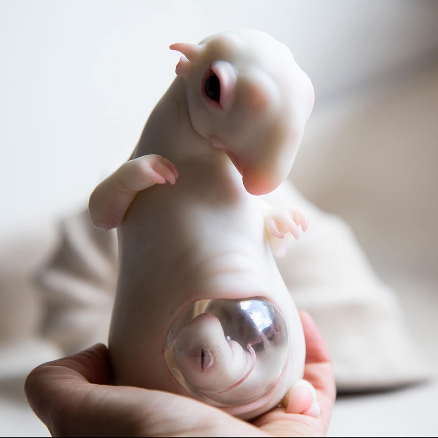 Alien albino Tapir animal sculpture, pregnant fantasy creature with baby embryo inside