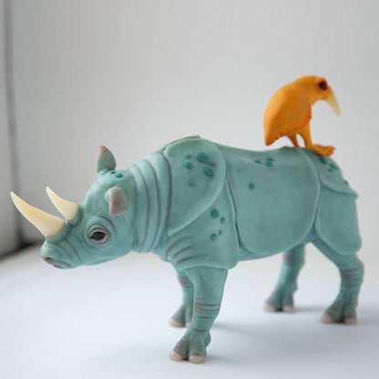 Perfect marriage - brilliant sculpture gift for couple, rhino and bird family statue