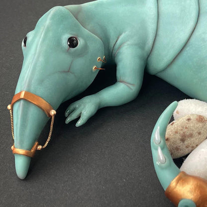 Strange ooak creepy alien doll with eggs, fantastic imaginary dragon like beast